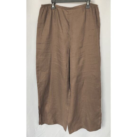 Vintage Caroline Rose Cropped Wide Leg 100% Linen Pants Brown Size M - Picture 1 of 5